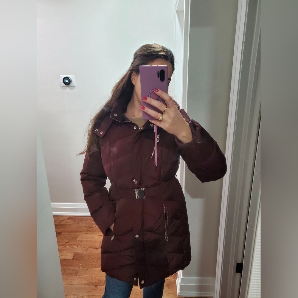 Ivanka Trump Burgundy belted down puffer coat jacket parka
